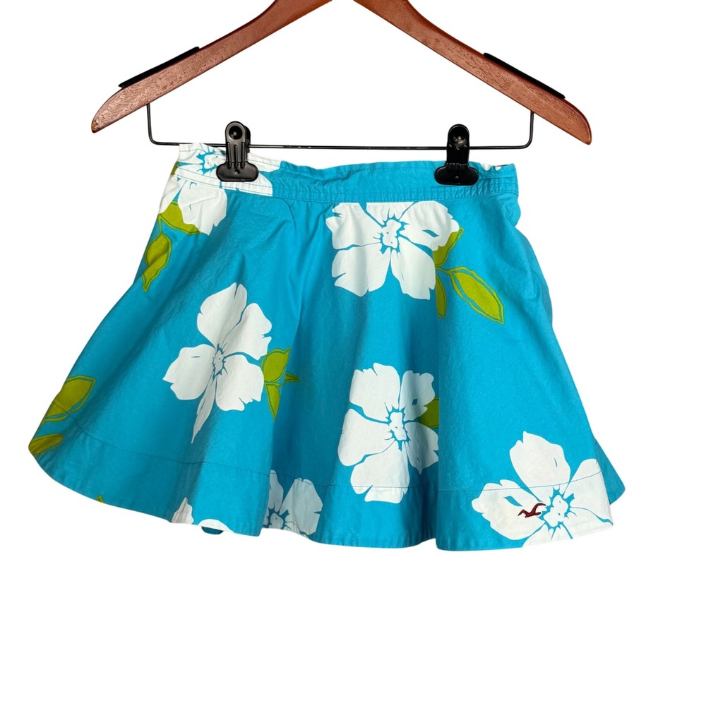 Hollister Skirt Women Small Blue Cotton Floral Tropical Hibiscus Mini‎ Skater